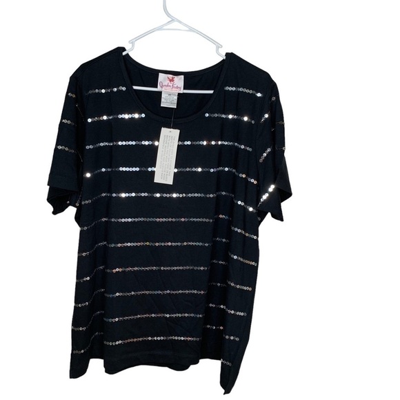 New Quaker Factory Womens Sequin Bling S/S shirt size 2X Plus size Blacksilver - Picture 1 of 3